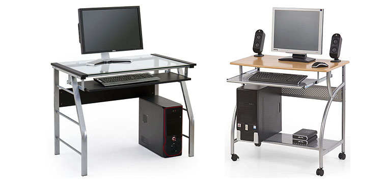 Od lewej: biurko szklane Restil 3X; biurko komputerowe na kółkach Protis 6X.  