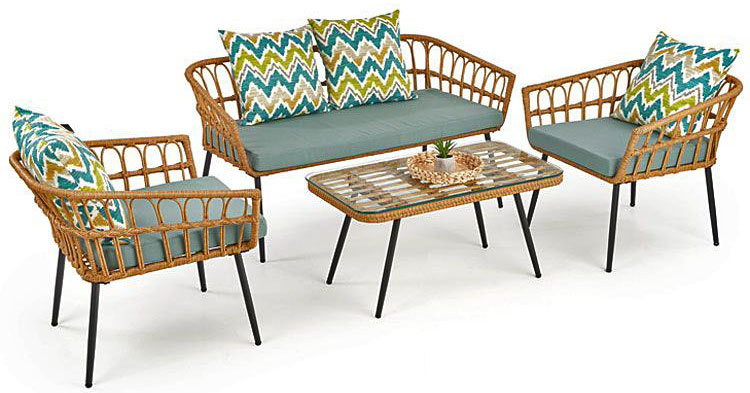 Komplet mebli z rattanu Selena: fotel ogrodowy 2X, sofa ogrodowa 3X, ława ogrodowa 4X. 