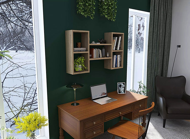 brązowe biurko przy ścianie w kolorze ciemnej zieleni