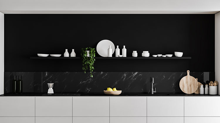 nowoczesne połączenie czerni oraz bieli w kuchni 