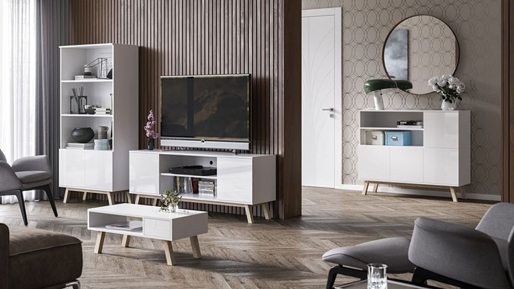 białe meble skandynawskie we wnętrzu salonu urządzonego w nowoczesnym stylu  