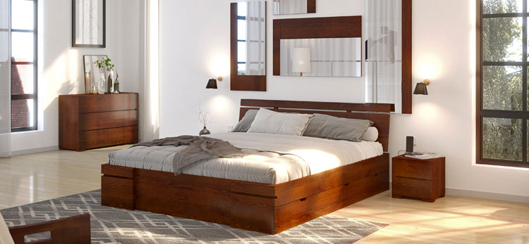 коричневая мебель для спальни со светлыми цветными стенами