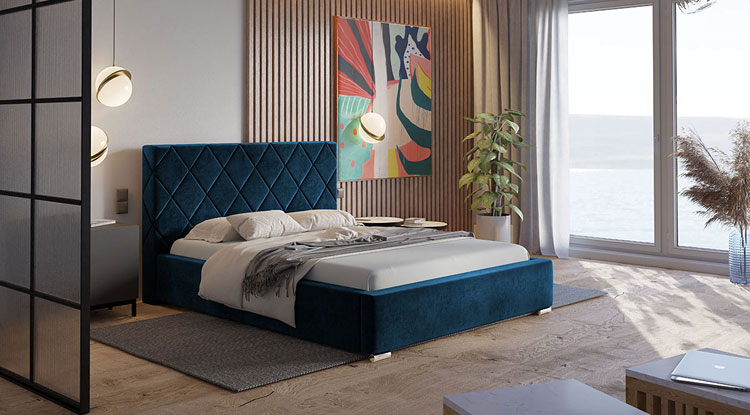 Tapicerowane łóżko w kolorze niebieskim 