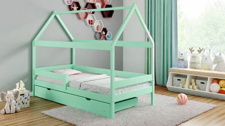 Łóżko domek w kolorze miętowym 
