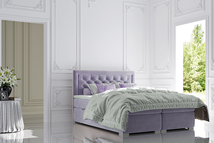 Łóżko tapicerowane w kolorze fioletowym 