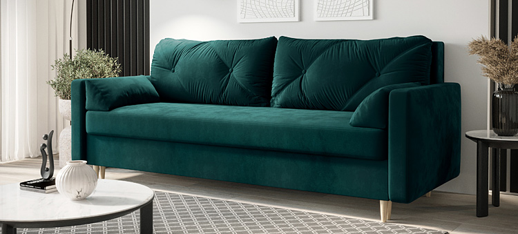 Welurowa sofa w kolorze butelkowej zieleni 