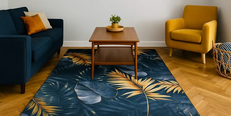 Dywan w print roślinny w salonie  