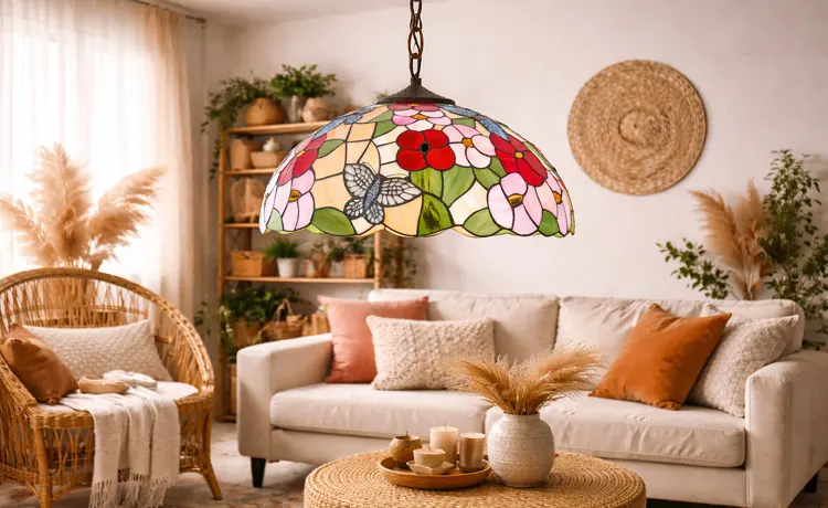 Kolorowa lampa abażurowa w salonie w stylu boho 